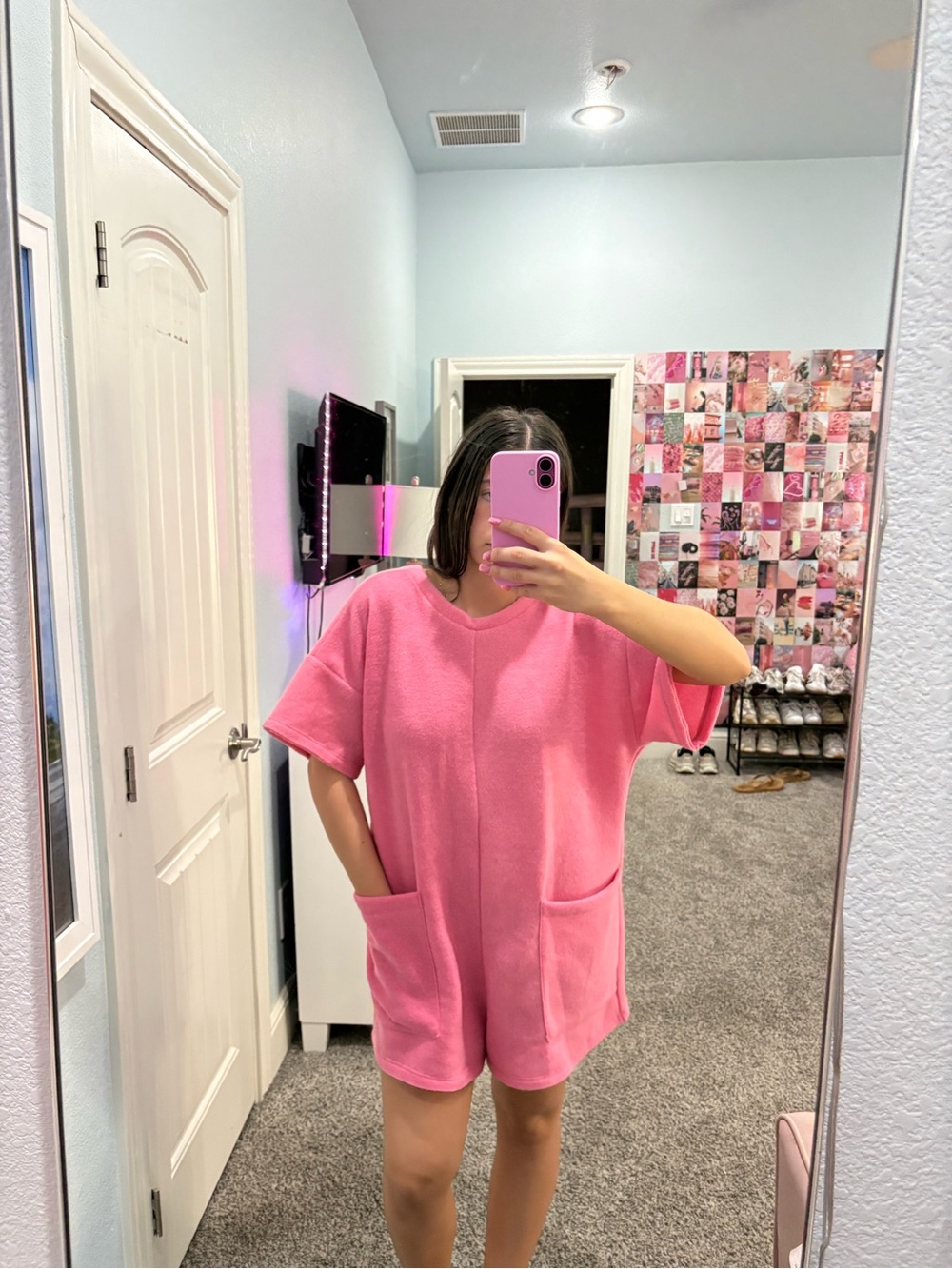 Women’s Pink Short Sleeve Pocket Romper